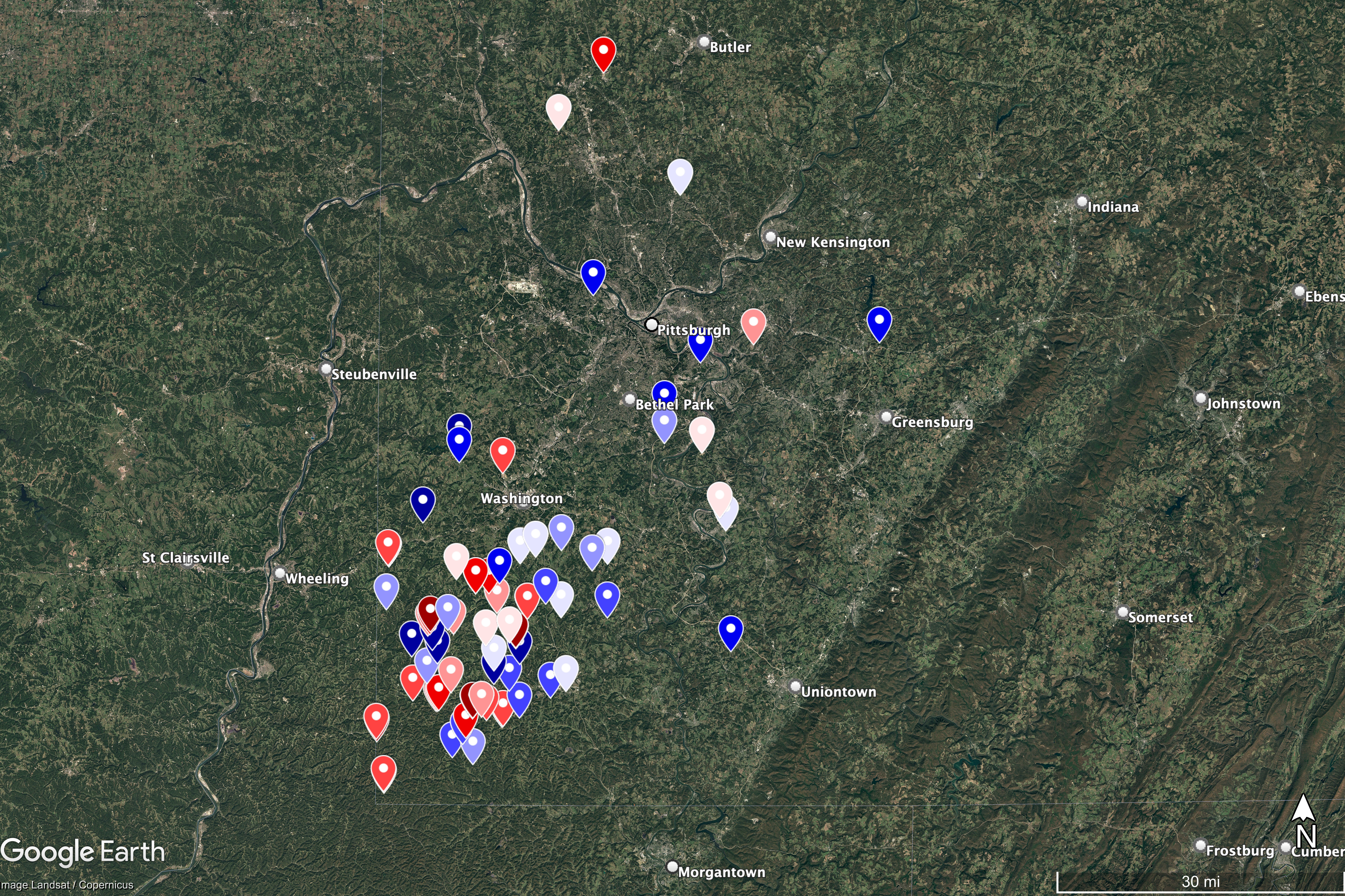 The initial map of methane emission measurements in southwestern Pennsylvania, which I used to plan my trip. Blue pins represent TROPOMI measurements. Red pins represent MethaneAir measurements. Darker shades represent larger measurements.